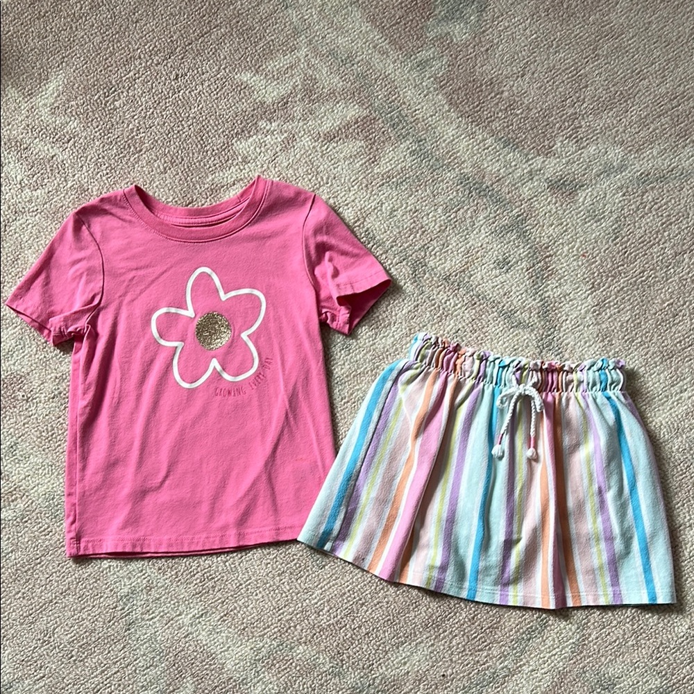 Pink Flower Tee and Striped Skirt Set
